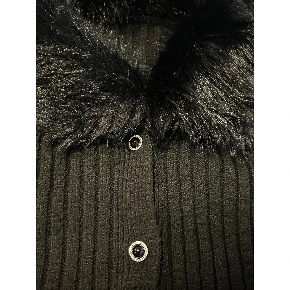Shein Black Ribbed Knit Cardigan Faux Fur Collar and Cuffs Y2K Top 1474